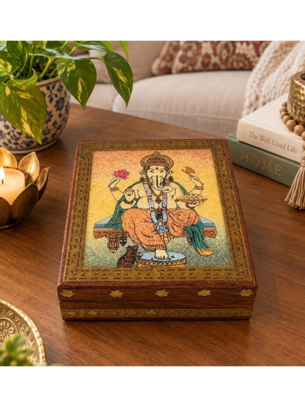 Vintage Jewelry Trinket Box Crushed Gemstone Hindu Ganesha Painting Wooden India